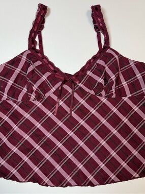 No Boundaries Plaid Burgundy Pink Lace Bow Adjustable Strap V-Neck Camisole L